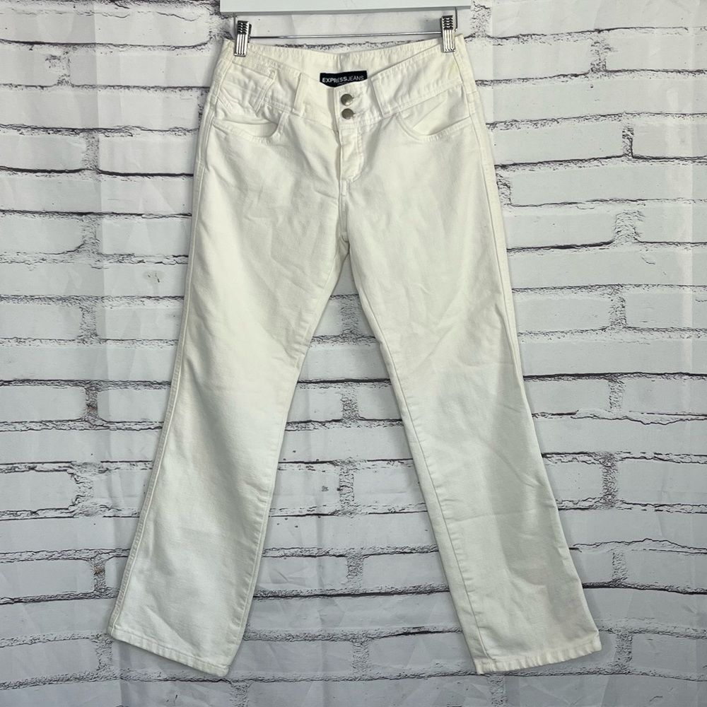 Express White Straight Leg Jeans Women’s 7/8 Mid Rise Cotton Blend Denim